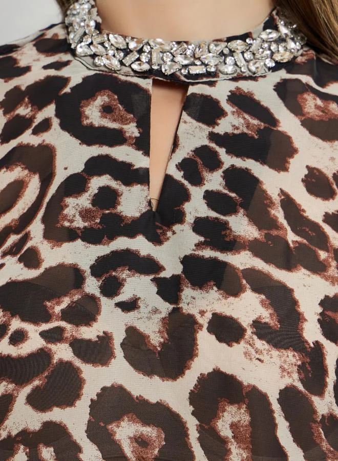 Styli Women Brown Leopard Print Long Sleeve Blouse